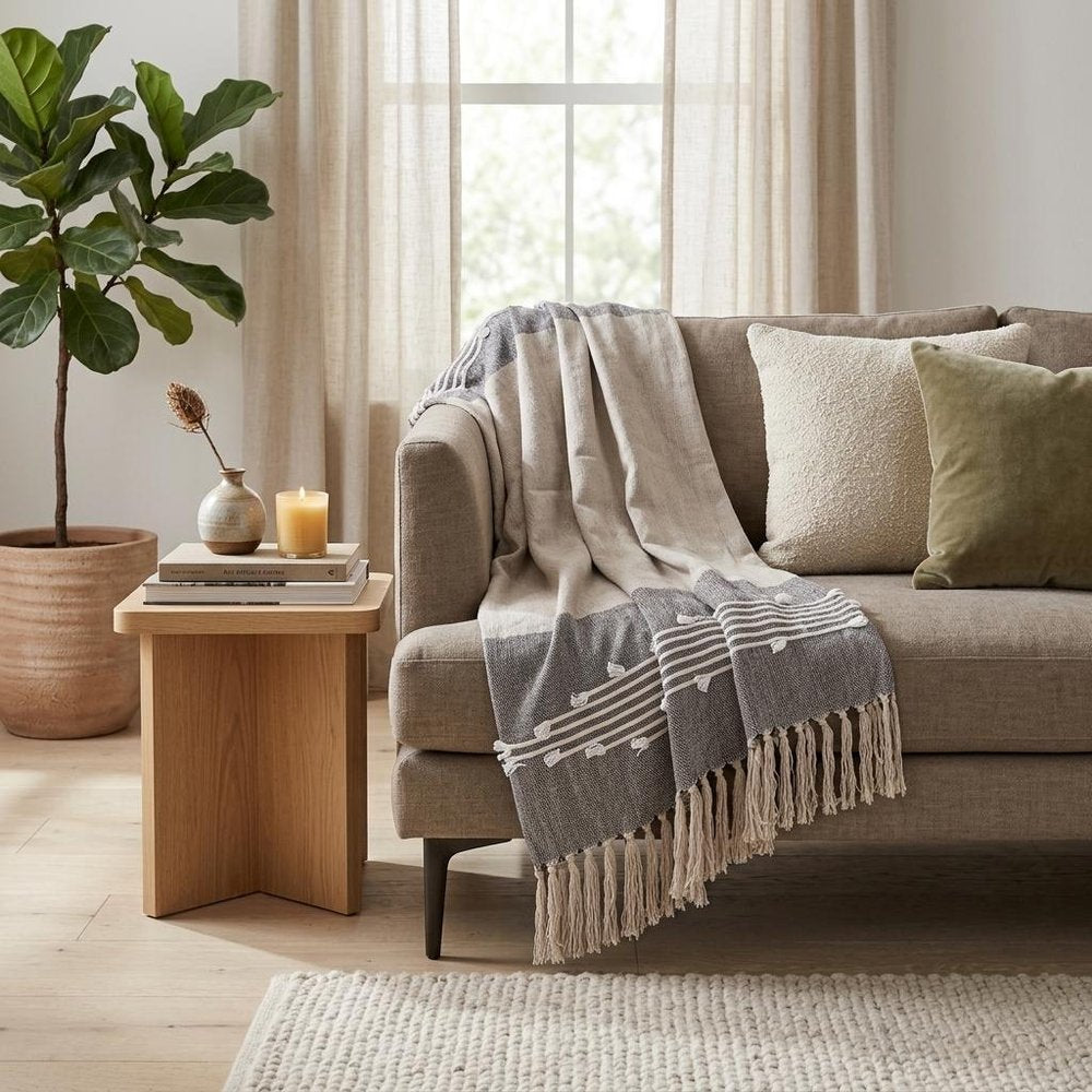 50" X 60" Ivory and Gray Woven Cotton Striped Throw Blanket with Fringe and Embroidery HomeRoots