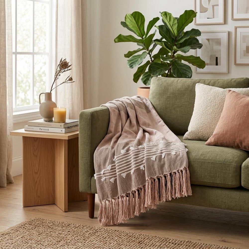 50" X 60" Brown and Tan Woven Cotton Striped Throw Blanket with Fringe and Embroidery HomeRoots