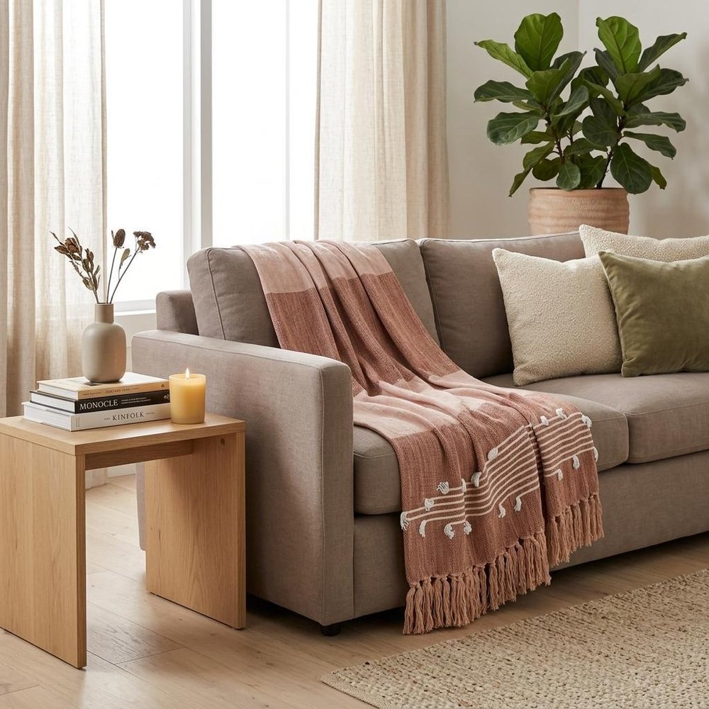 50" X 60" Gray and Rust Woven Cotton Striped Throw Blanket with Fringe, Embroidery HomeRoots