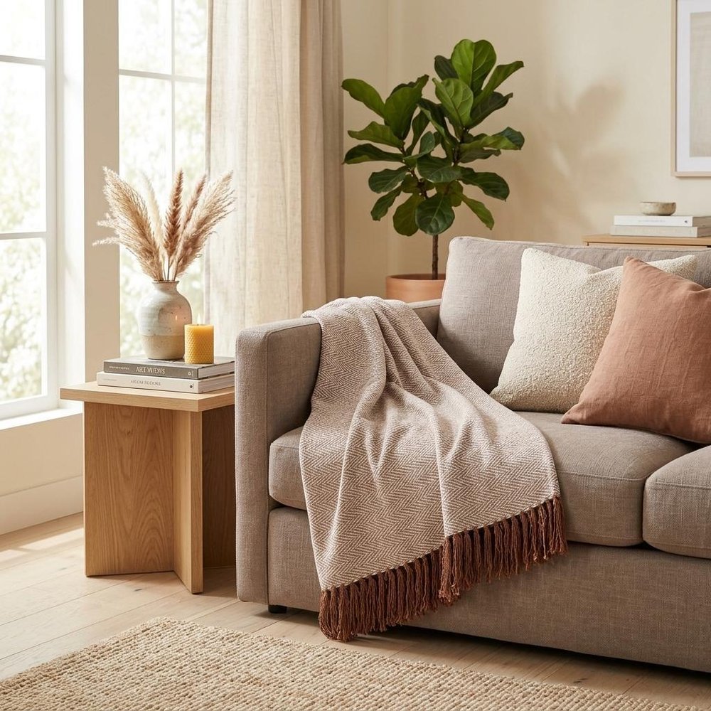 50" X 60" Beige and Brown Woven Cotton Herringbone Throw Blanket with Fringe HomeRoots