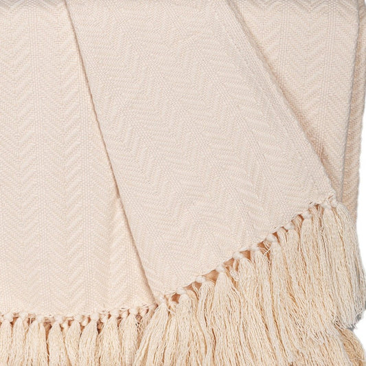 50" X 60" Cream Woven Cotton Herringbone Throw Blanket with Fringe HomeRoots
