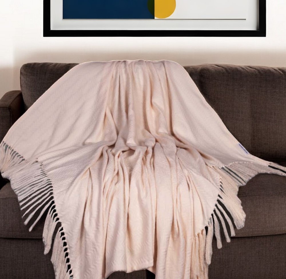 50" X 60" Cream Woven Cotton Herringbone Throw Blanket with Fringe HomeRoots
