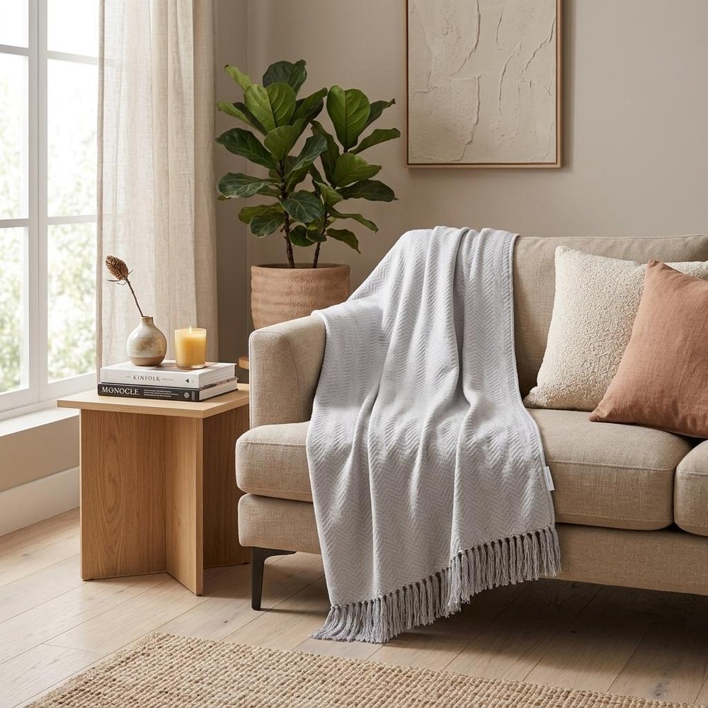 50" X 60" Gray Woven Cotton Herringbone Throw Blanket with Fringe HomeRoots