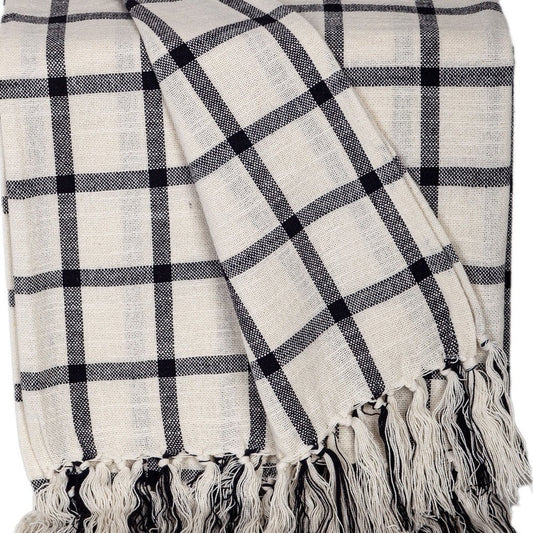 50" X 60" Black and Off White Cotton Woven Plaid Throw Throw Blanket with Fringe HomeRoots
