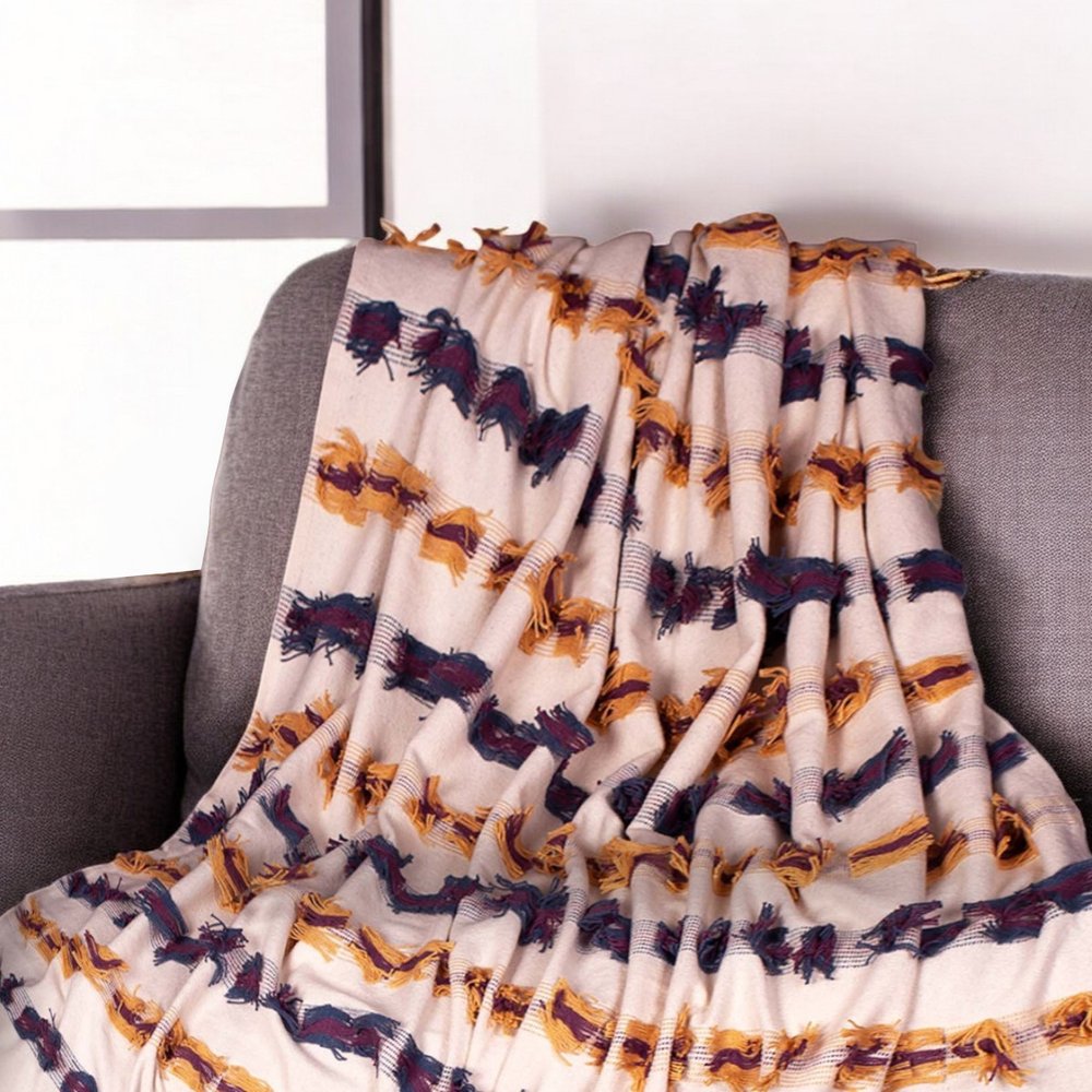 50" X 60" Ivory Blue and Yellow Woven Cotton Striped Throw Blanket with Tassels and Fringe HomeRoots