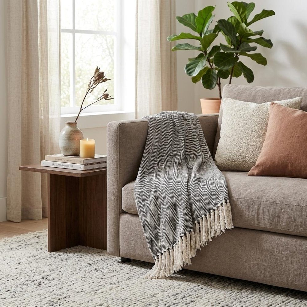 52" X 67" Gray and Ivory Woven Cotton Herringbone Throw Blanket with Fringe HomeRoots