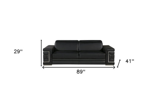 89" Black Leather Sofa With Silver Legs HomeRoots