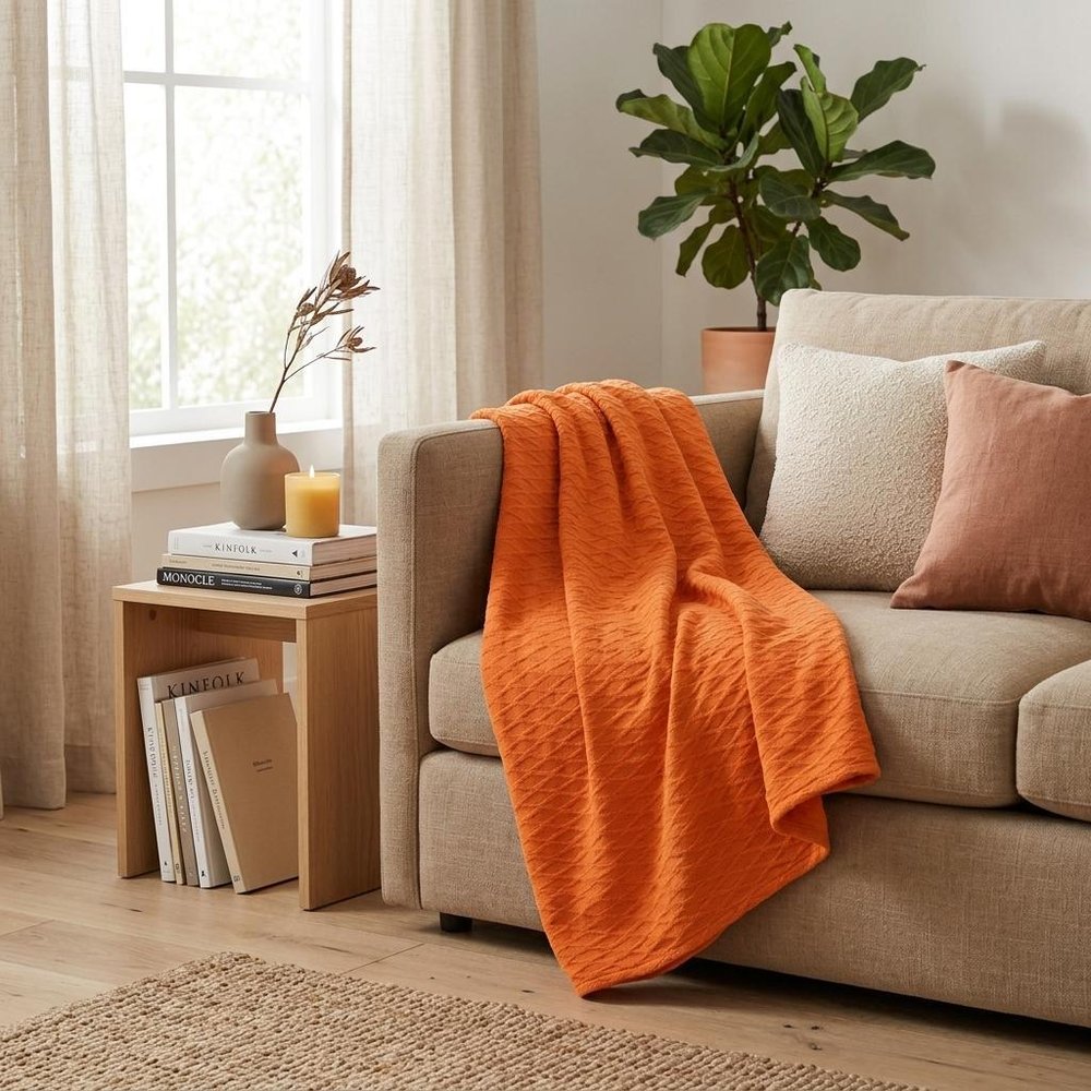 King Burnt Orange Cotton Woven Geometric Blanket HomeRoots