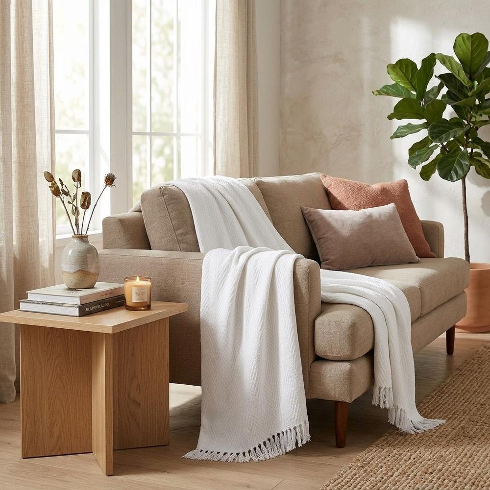 Queen White Cotton Woven Chevron Blanket HomeRoots