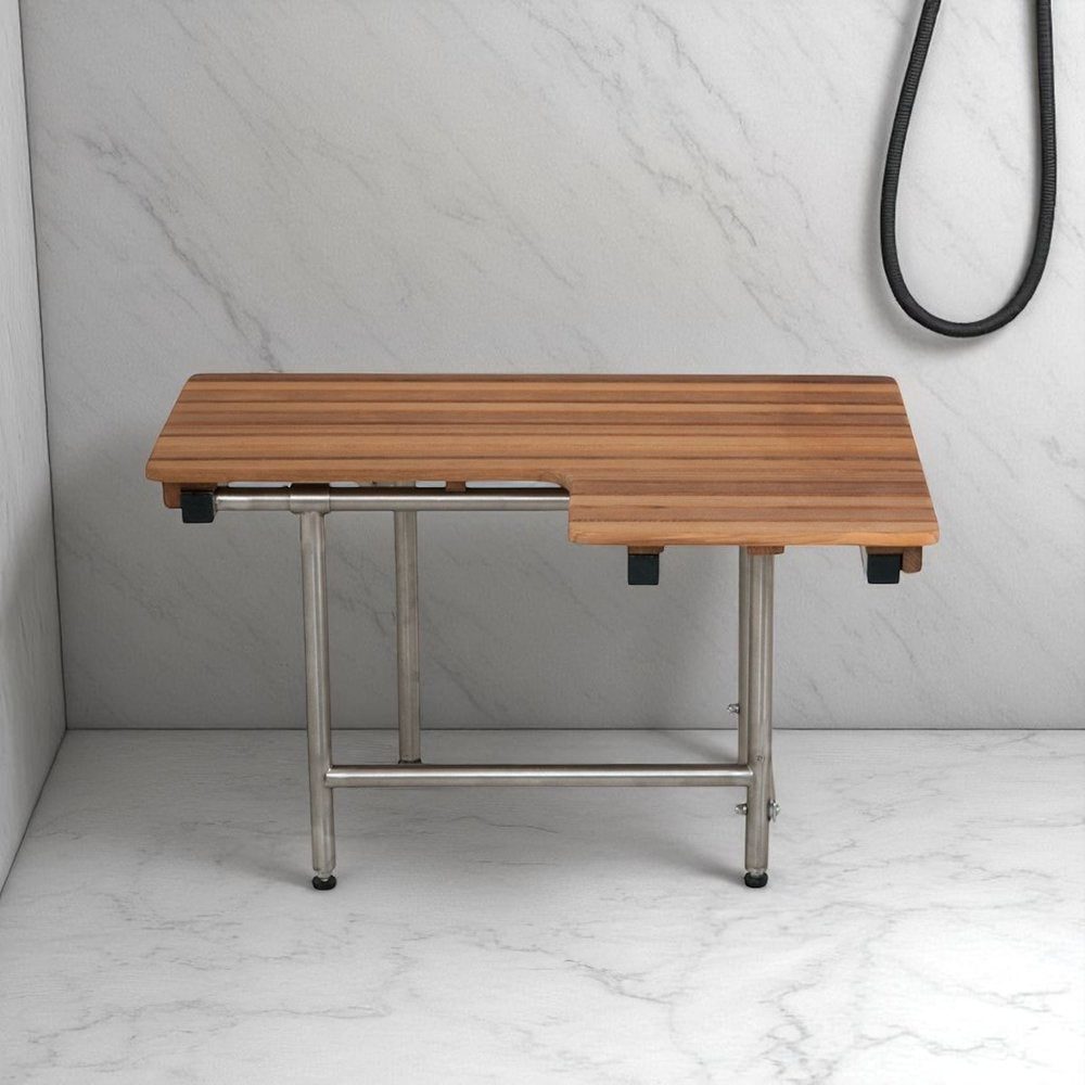 30" Brown Wall Mount Teak Rectangular Shower Bench With Legs HomeRoots