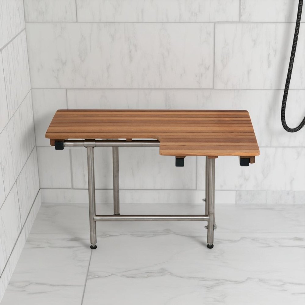 18" X 32" Brown Wall Mount Teak Rectangular Shower Bench With Legs HomeRoots