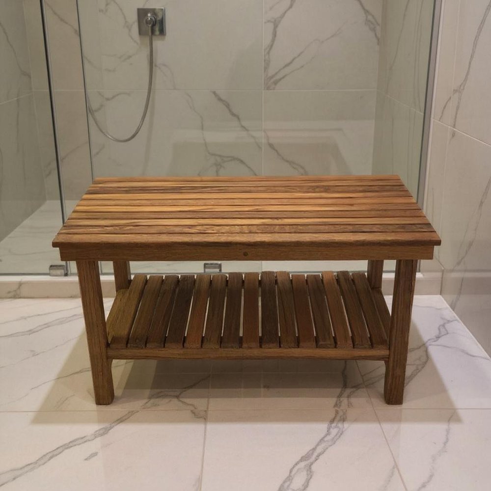18" X 25" Brown Teak Rectangular Shower Bench With Shelf HomeRoots
