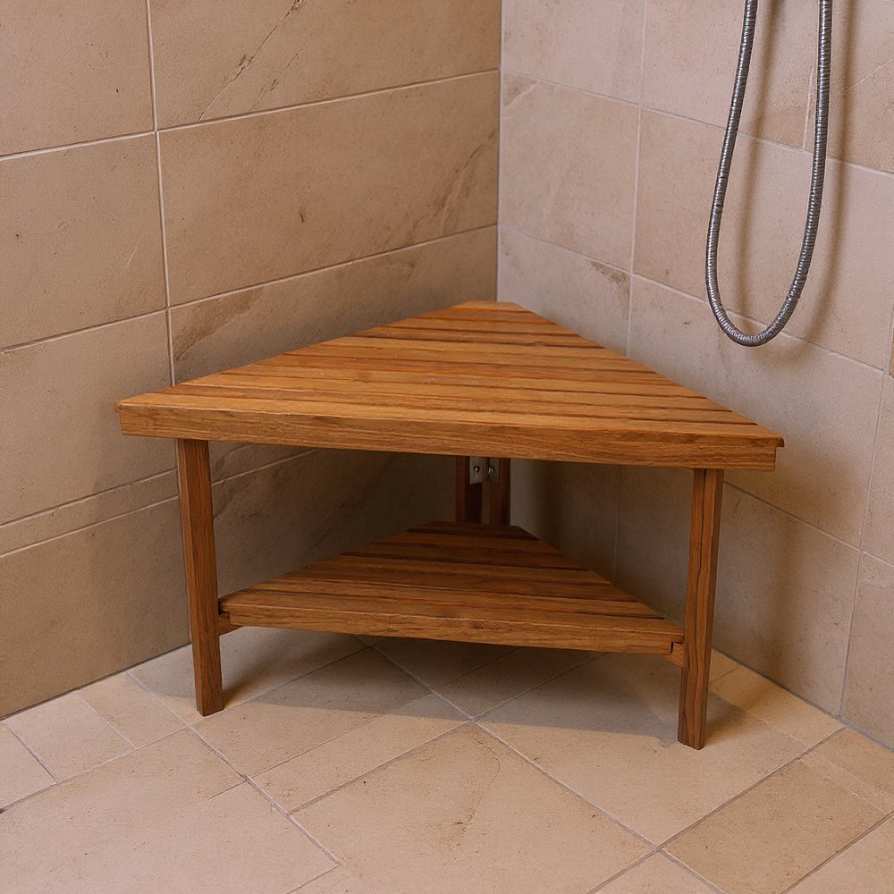 18" X 31" Brown Teak Corner Shower Bench With Shelf HomeRoots