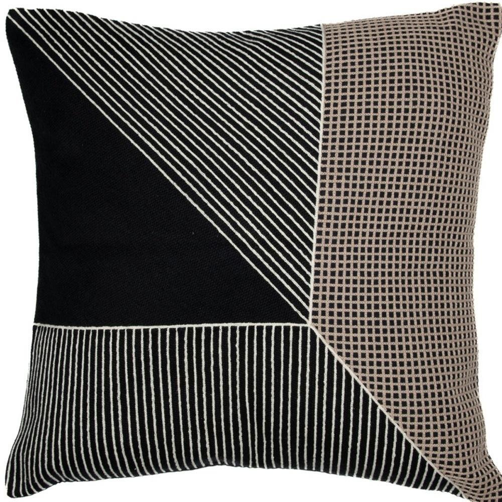 20" Black and White Geometric Cotton Throw Pillow With Embroidery