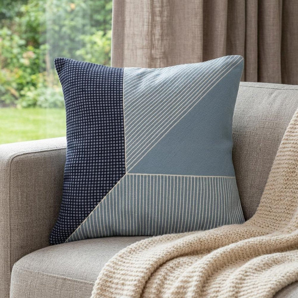 20" Blue and White Geometric Cotton Throw Pillow With Embroidery HomeRoots
