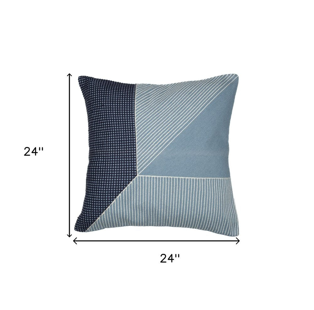 24" Blue and White Geometric Cotton Throw Pillow With Embroidery HomeRoots