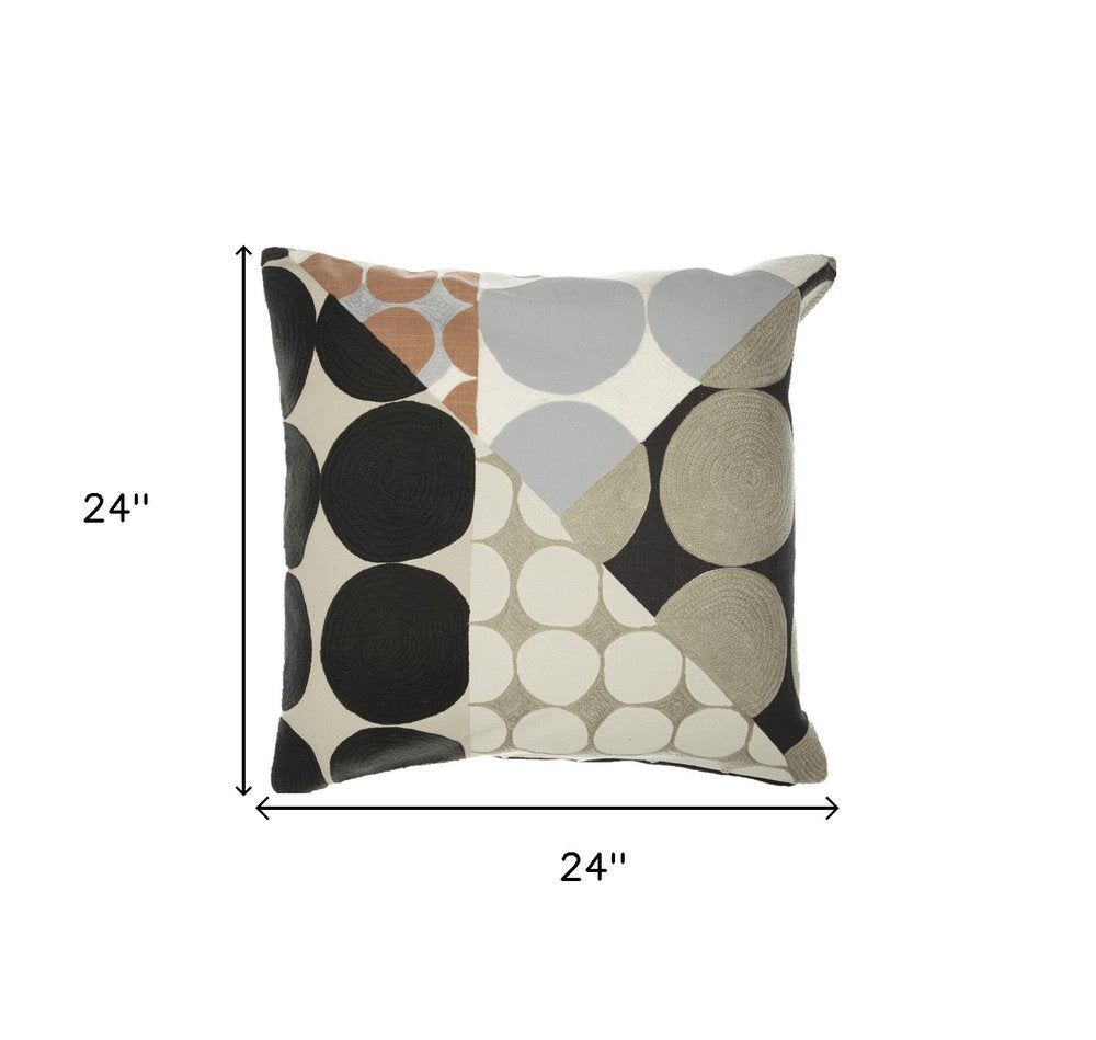 24" Beige and Black Geometric Cotton Throw Pillow With Embroidery HomeRoots