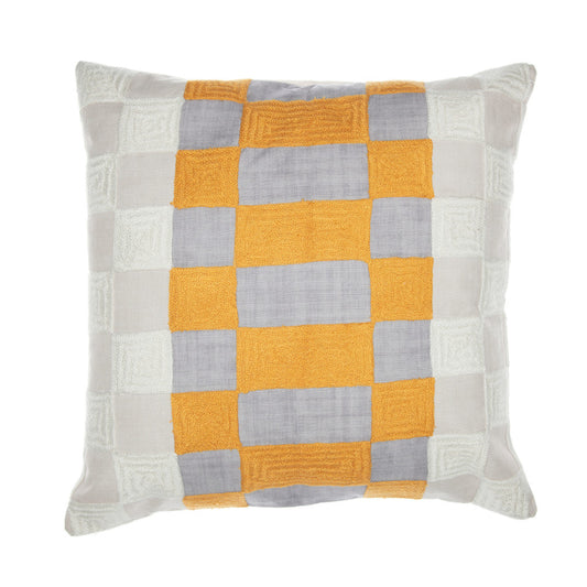 20" Yellow and Gray Check Throw Pillow With Embroidery FurniFindUSA