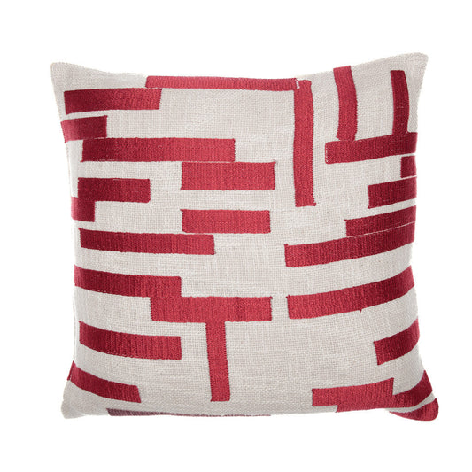 20" Red and Ivory Geometric Cotton Blend Throw Pillow With Embroidery FurniFindUSA