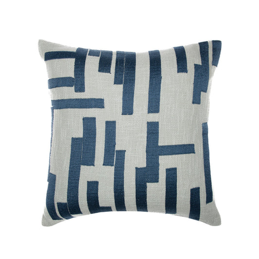 20" Blue and Ivory Geometric Cotton Blend Throw Pillow With Embroidery FurniFindUSA