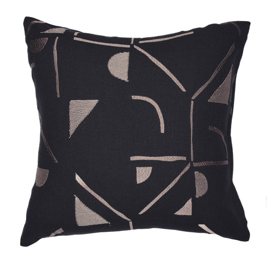 24" Beige and Black Geometric Cotton Blend Throw Pillow With Embroidery FurniFindUSA