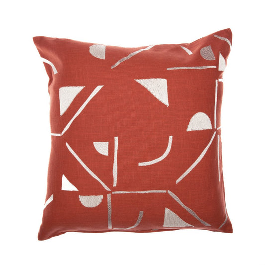 24" Orange and Ivory Geometric Cotton Blend Throw Pillow With Embroidery