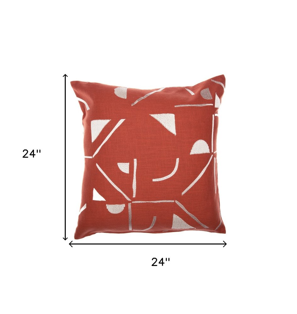 24" Orange and Ivory Geometric Cotton Blend Throw Pillow With Embroidery HomeRoots