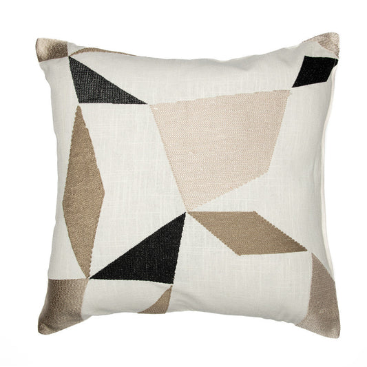 24" Taupe and Ivory Geometric Cotton Blend Throw Pillow With Embroidery FurniFindUSA