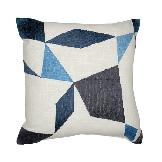 20" Ivory and Blue Geometric Cotton Blend Throw Pillow With Embroidery FurniFindUSA