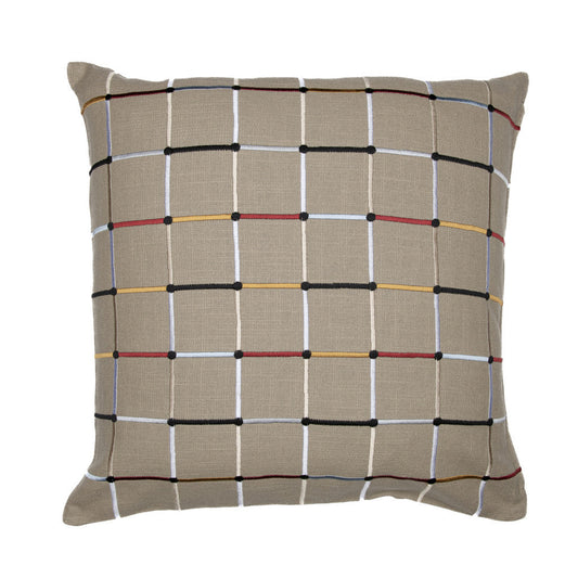 24" Beige Check Cotton Blend Throw Pillow With Embroidery FurniFindUSA