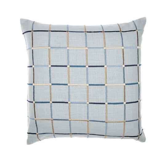 20" Light Blue Check Cotton Blend Throw Pillow With Embroidery FurniFindUSA
