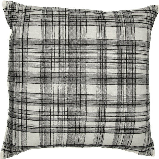 24" White and Black Check Cotton Blend Throw Pillow With Embroidery