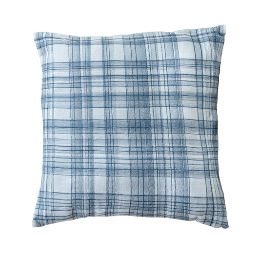 24" Blue Check Cotton Blend Throw Pillow With Embroidery FurniFindUSA