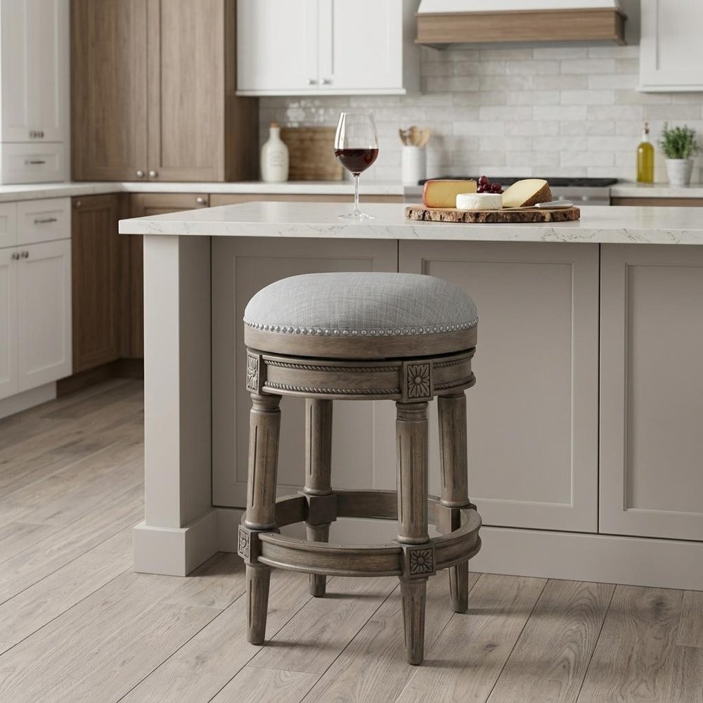 26" Gray Fabric And Solid Wood Backless Counter Height Swivel Bar Chair HomeRoots