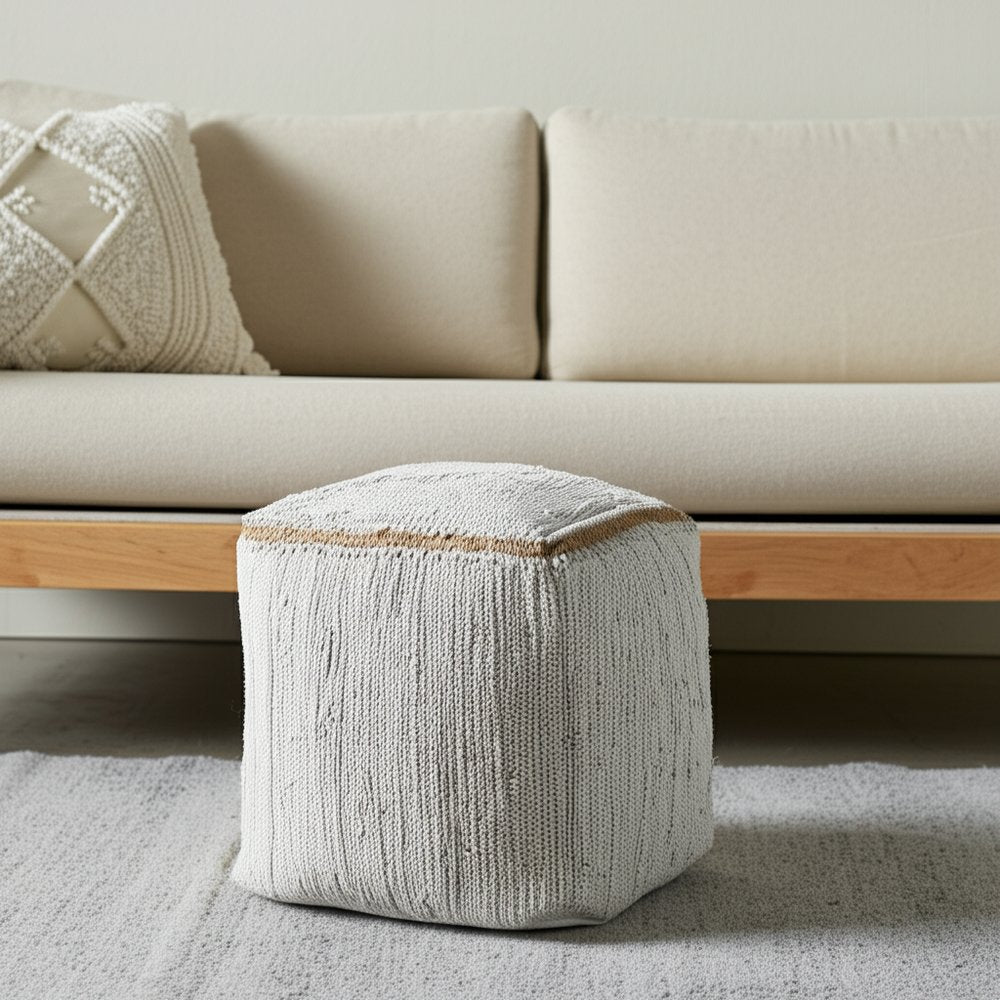 18" Gray and Natural Cotton And Jute Cube Pouf Ottoman HomeRoots