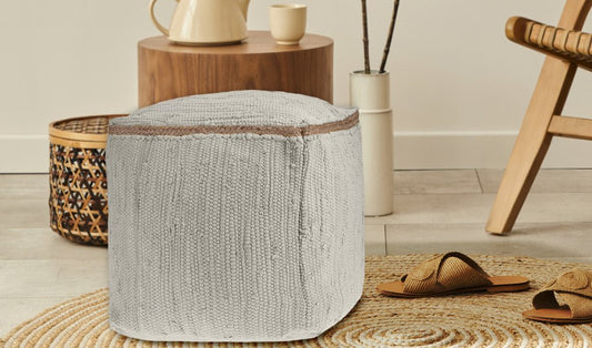 18" Gray and Natural Cotton And Jute Cube Pouf Ottoman