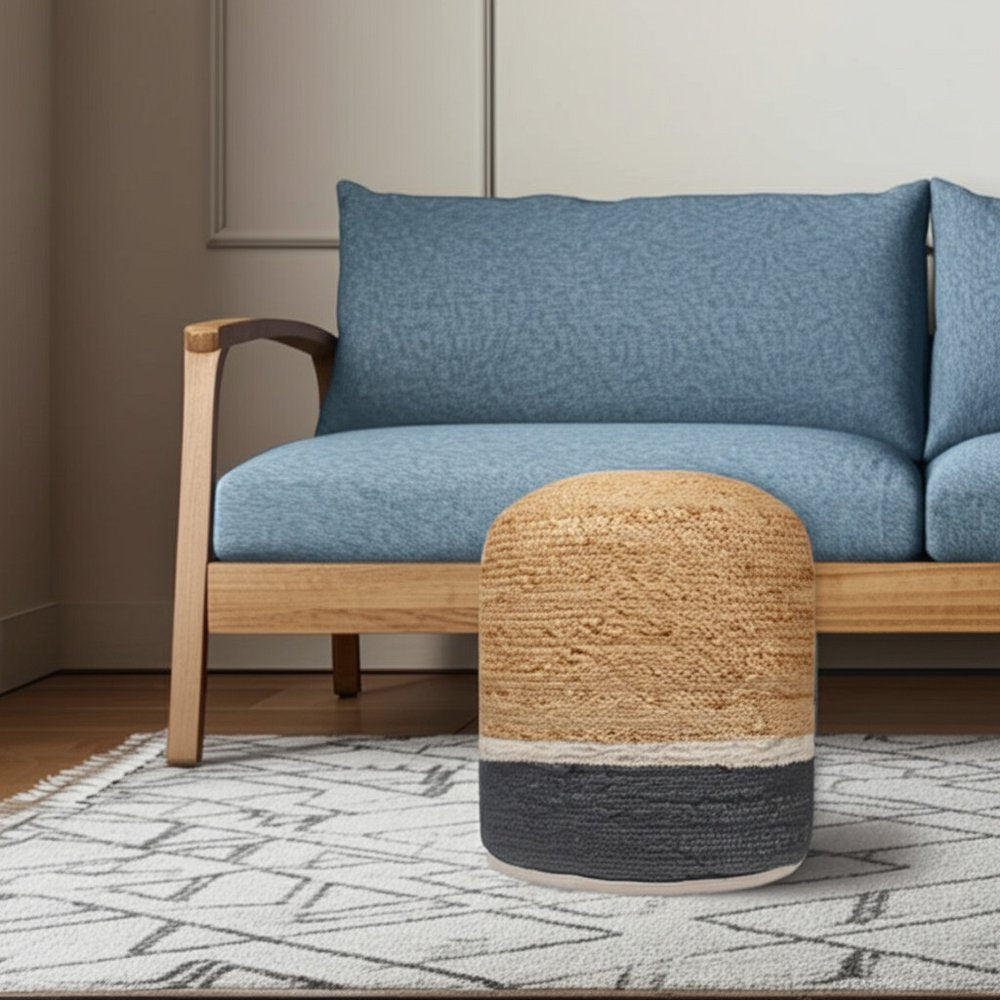 18" Natural And Gray Jute Blend Cylinder Striped Pouf Ottoman HomeRoots