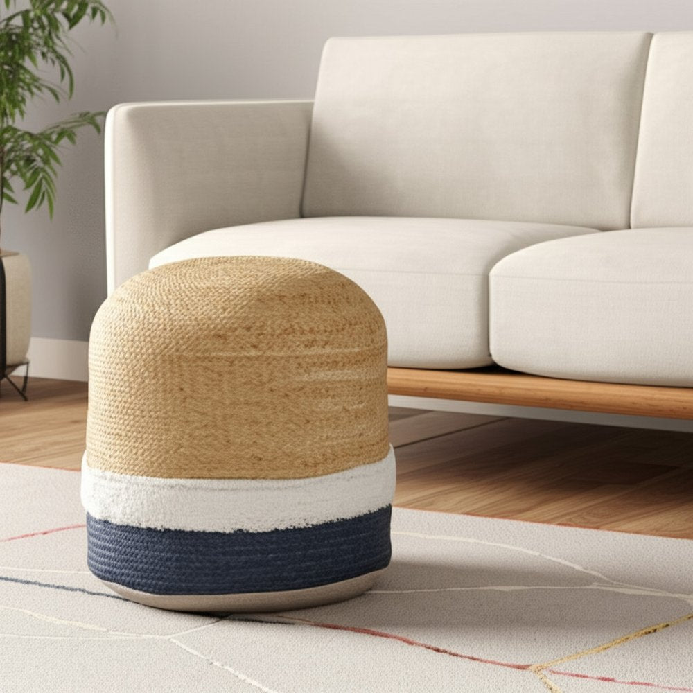 18" Natural And Navy Blue Jute Blend Cylinder Striped Pouf Ottoman HomeRoots