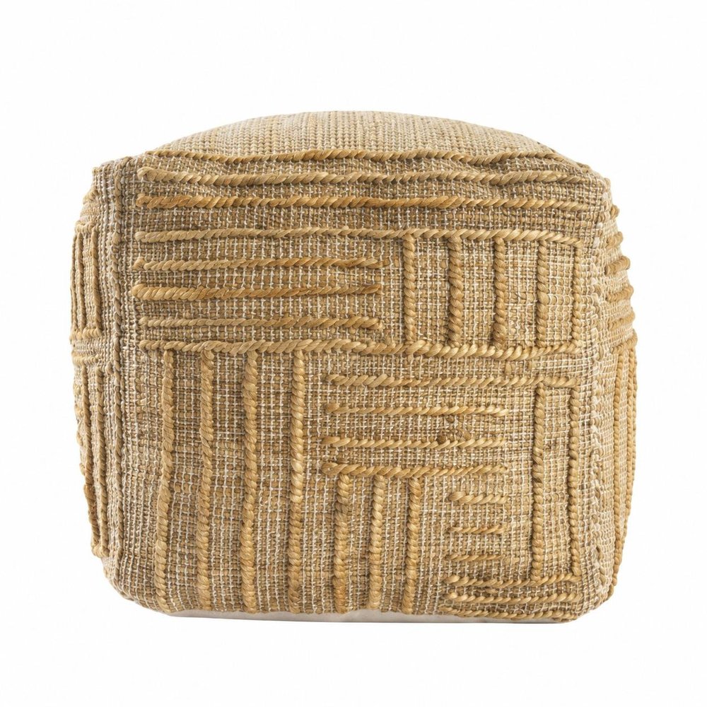 18" Natural Jute Blend Cube Striped Pouf Ottoman