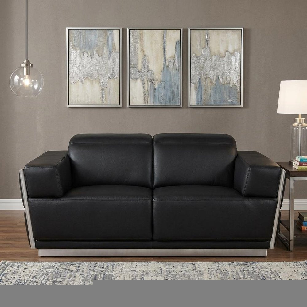 70" Black And Silver Italian Leather Loveseat HomeRoots
