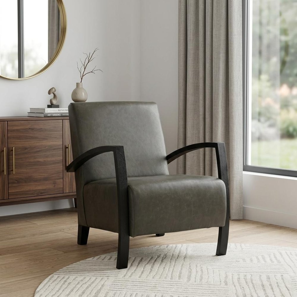 26" Green And Black Top Grain Leather Arm Chair HomeRoots