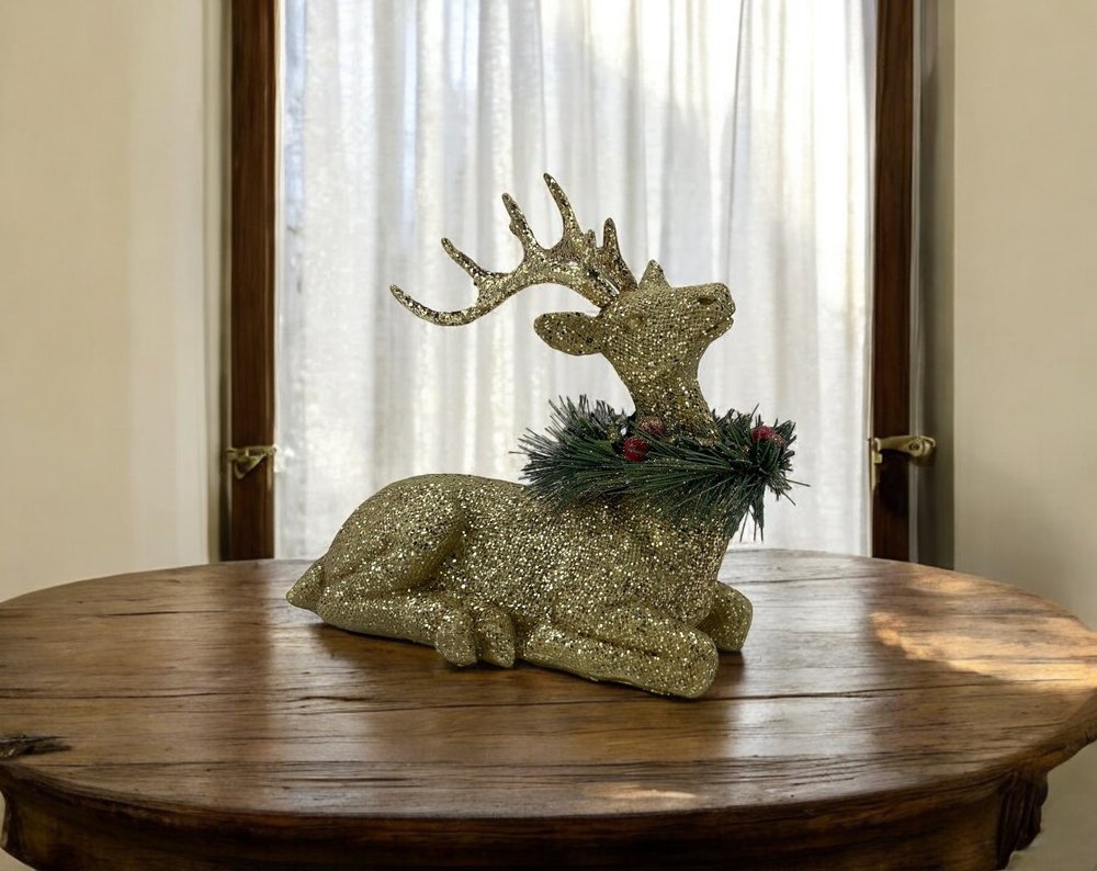 9" Gold Green And Red Polyresin Reindeer Christmas Reindeer Figurine HomeRoots