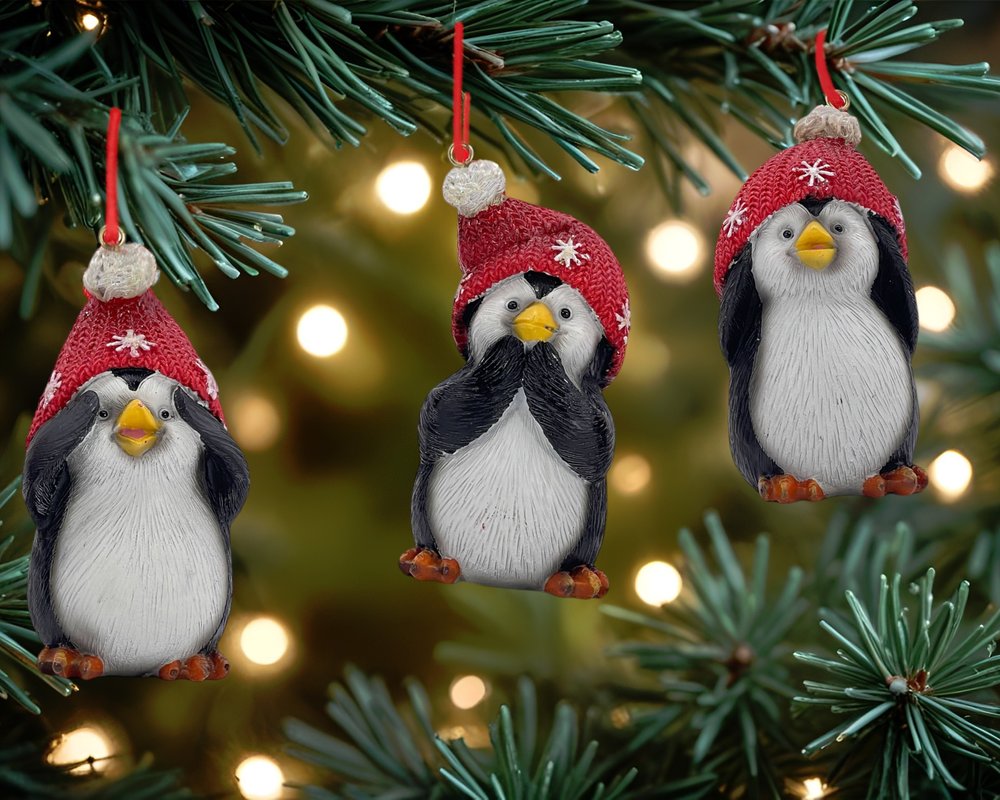 Set of Three Black White And Red Resin Penguin Christmas Reindeer Figurine HomeRoots