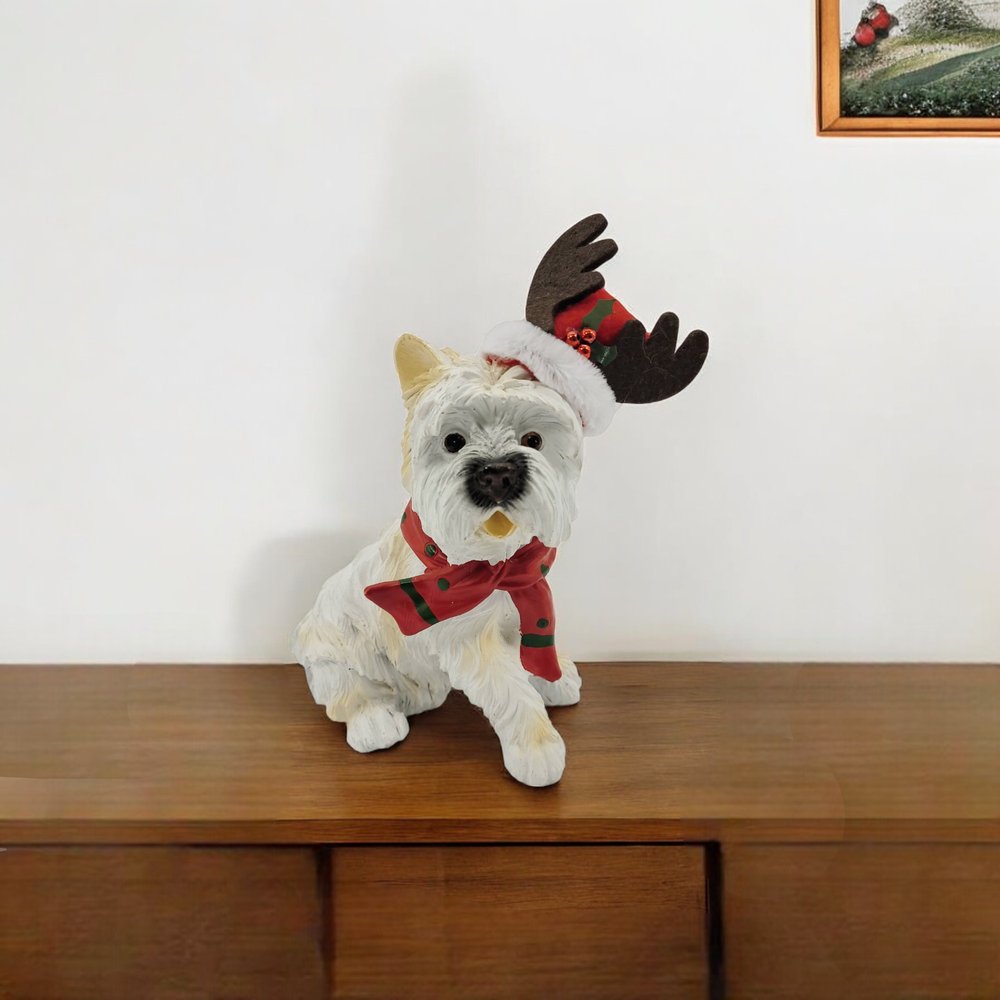 7" White Red And Brown Resin Dog Christmas Reindeer Figurine HomeRoots