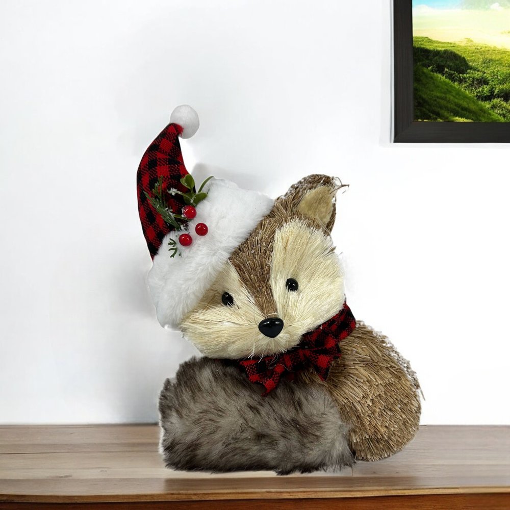 13" Brown White And Red Straw Fox Christmas Reindeer Figurine HomeRoots