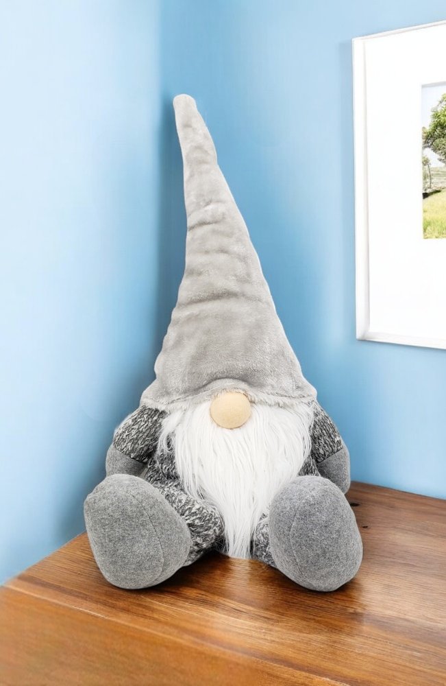 29" Gray And White Fabric Christmas Santa and Mrs. Claus Sitting Gnome HomeRoots