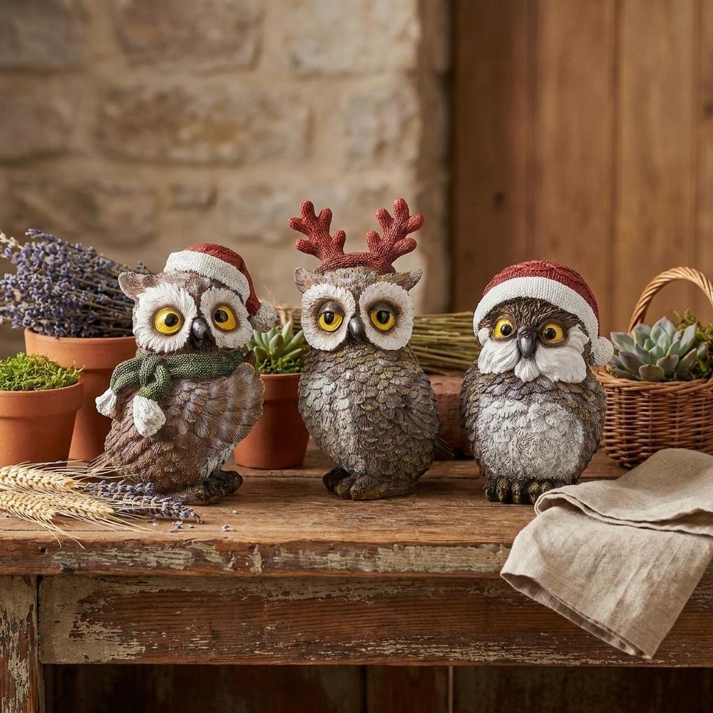 Set of Three Brown White And Red Resin Owl Figurine HomeRoots