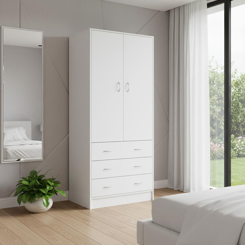 71" White Wood And Metal Two Door Three Drawer Combo Dresser