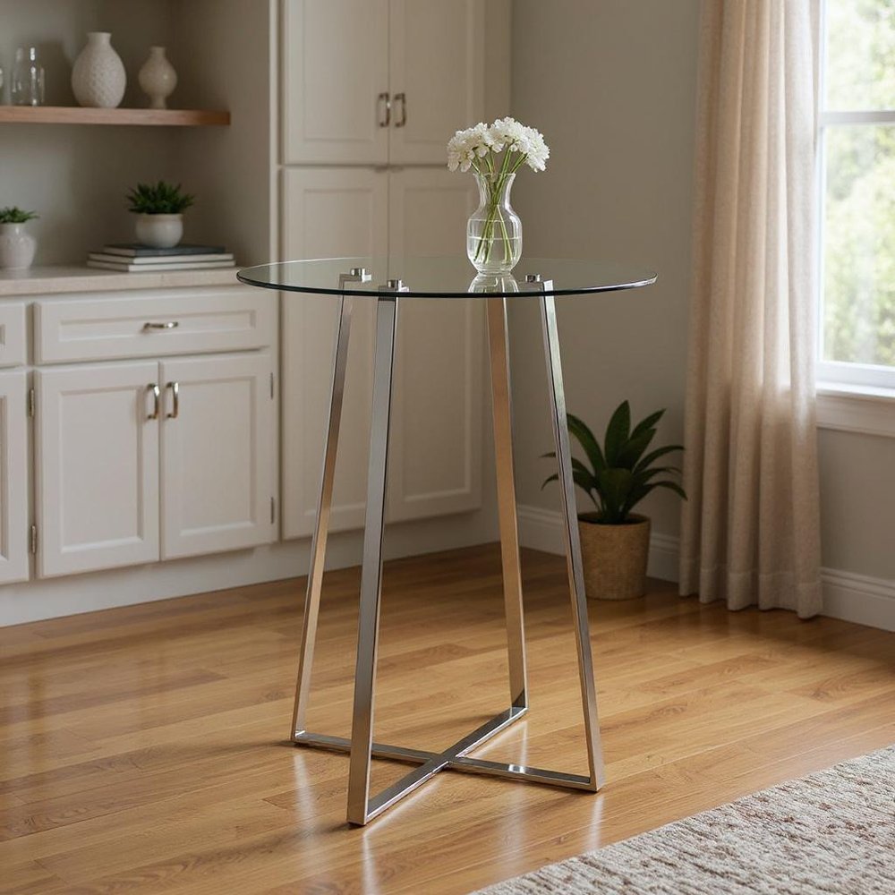 32" Clear and Silver Rounded Glass and Iron Bar Table HomeRoots