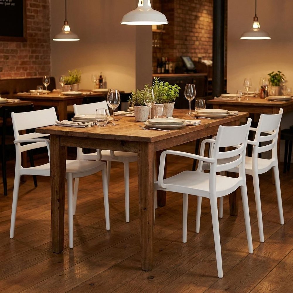 Set of Four White Heavy Duty Plastic Ladder Back Dining Arm Chairs HomeRoots
